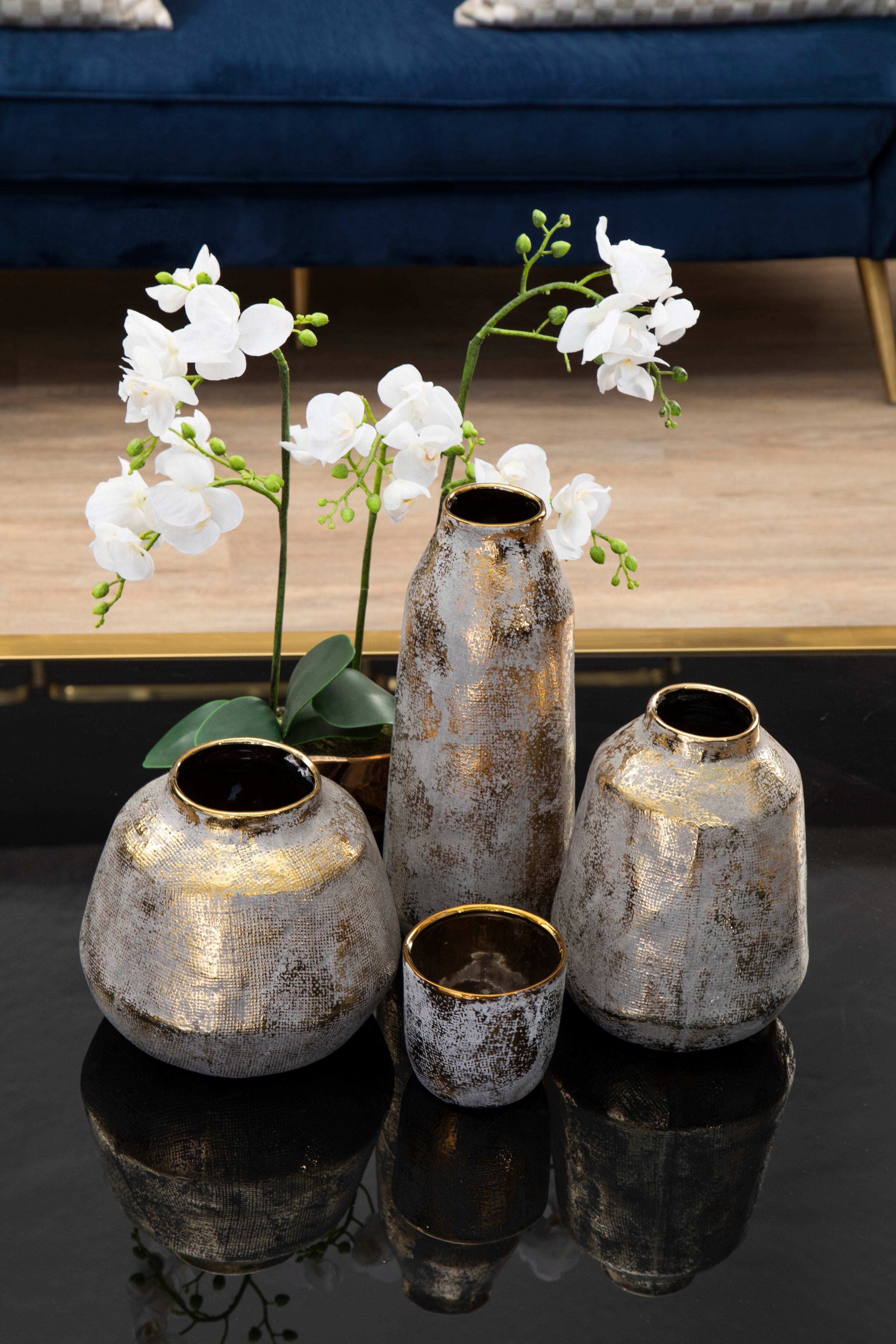 Arlo Grey & Gold Distressed Ceramic Vase Wide